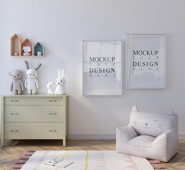 Mockup poster in cute white kids bedroom