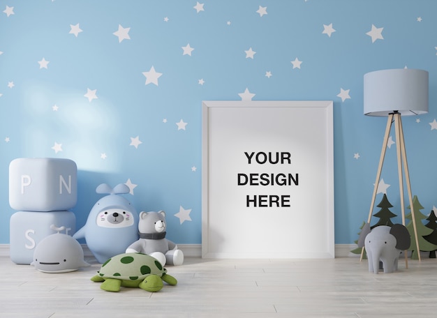 Mockup poster frame in children room rendering