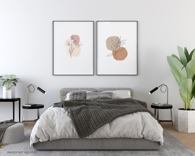 Mockup poster frame in modern bed room