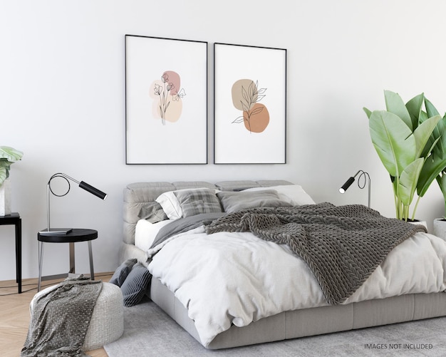 Mockup poster frame in modern bed room