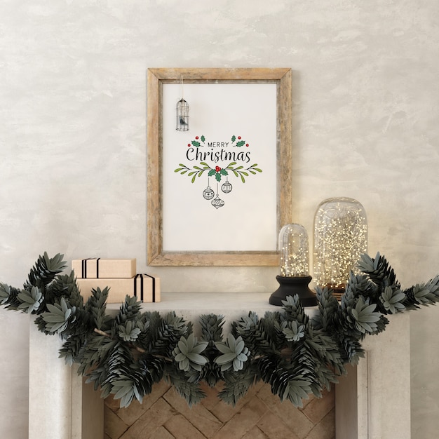 Mockup poster frame with Christmas tree and decoration