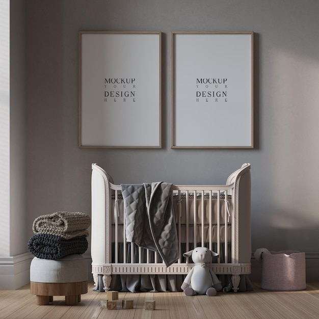 PSD mockup poster in interior nursery room background with boho style 3d rendering