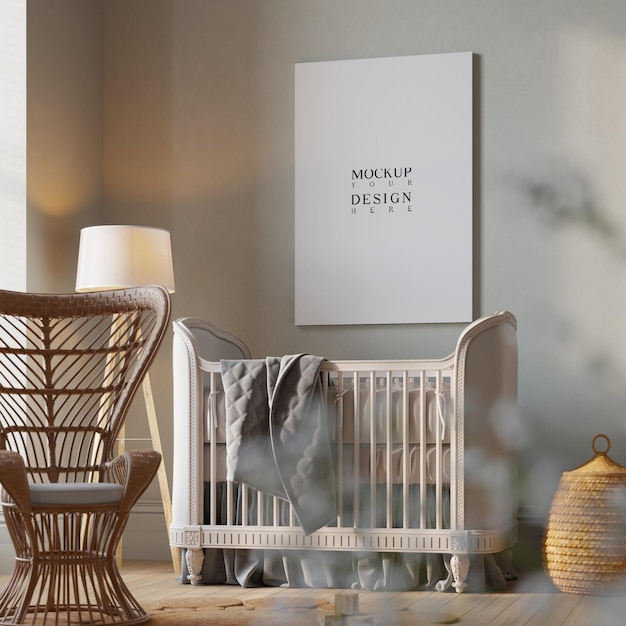 PSD mockup poster in interior nursery room background with boho style 3d rendering