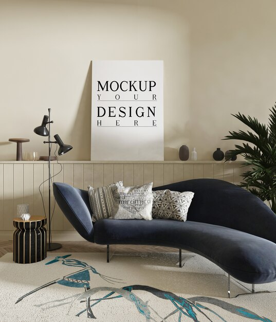 PSD mockup poster in modern living room with sofa