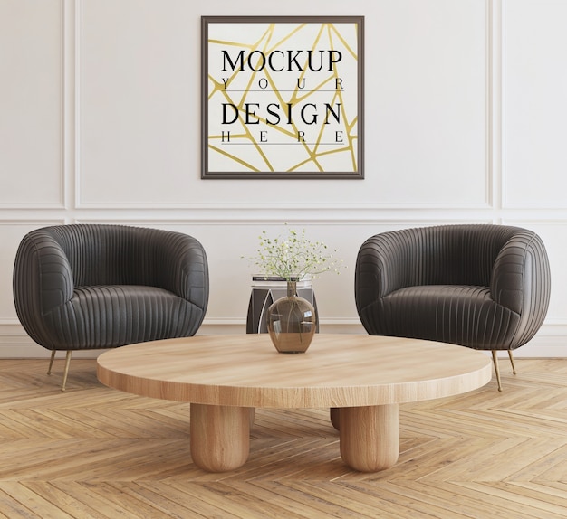 PSD mockup poster in modern livingroom with armchairs