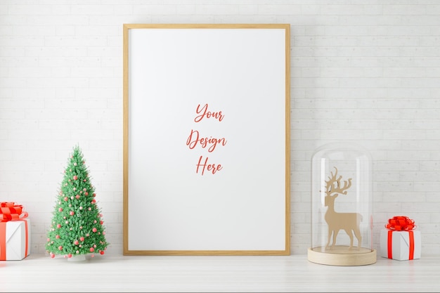 Mockup poster photo frame with christmas decoration. 3D rendered.