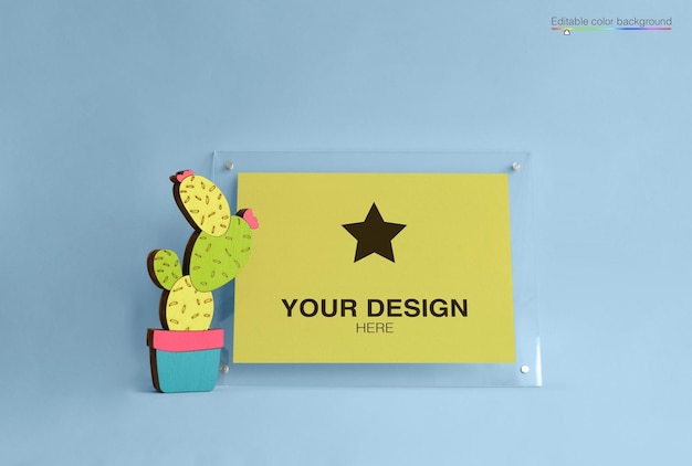 Mockup poster with cartoon cactus