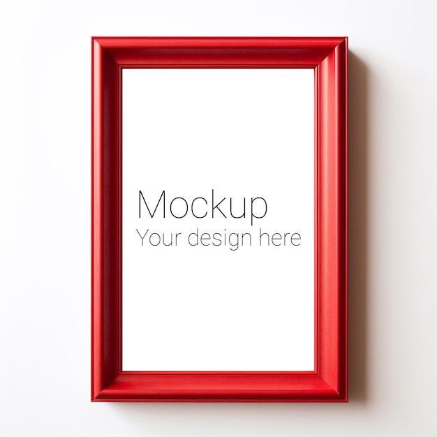 Mockup of red frame for poster or photo on white wall