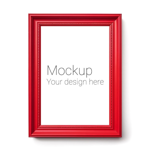 Mockup of red frame for poster or photo on white wall