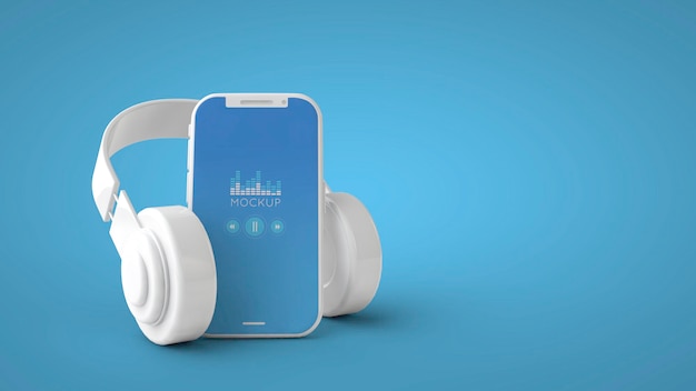 Mockup screen white smartphone with music player and headphones. 3d illustration