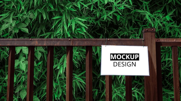 Mockup of sign on fence with bamboo wood forest natural background Mock up