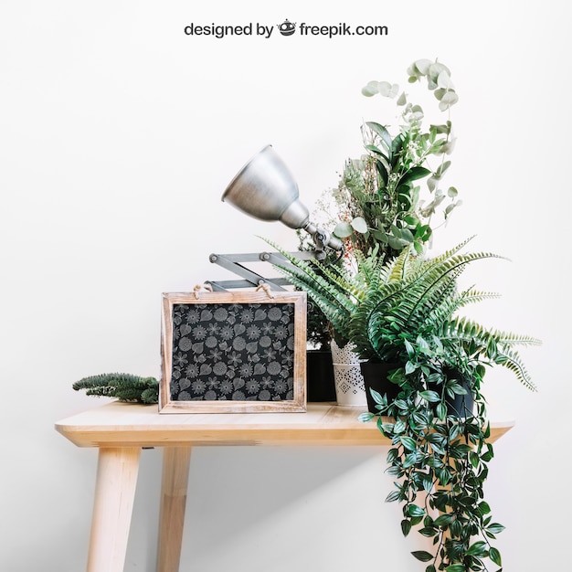 PSD mockup of slate and plants on table