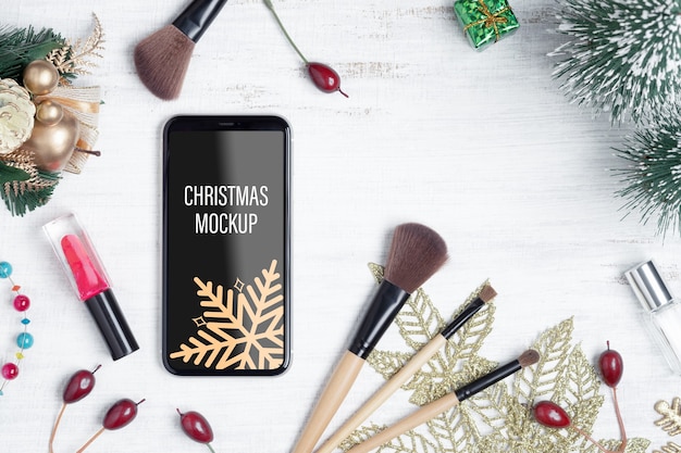 Mockup smartphone for beauty Christmas New Year concept