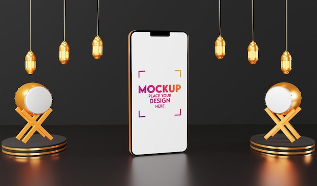 Mockup smartphone with 3d arabic lantern ornament