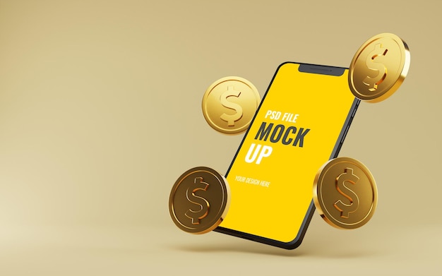 Mockup smartphone with floating golden dollar coins