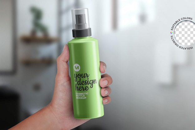 Mockup of spray bottle beauty cosmetic product packaging in hand