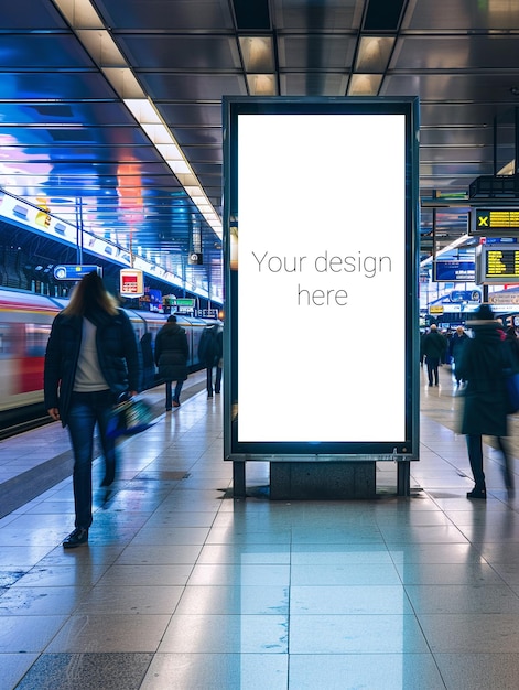 Mockup for subway or railway station advertising banner or billboard Busy city Many people