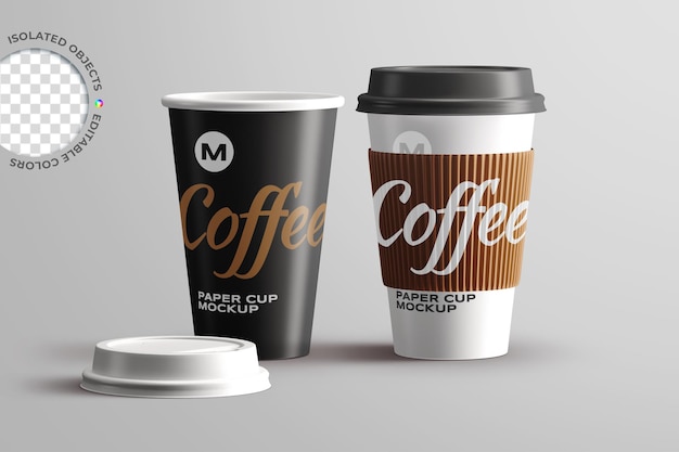 Mockup of take away paper coffee cup product design label packaging logo presentation isolated