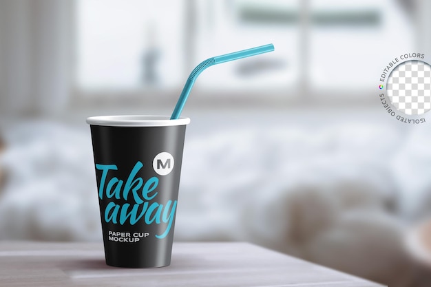 Mockup of take away paper coffee cup with straw label packaging logo presentation isolated