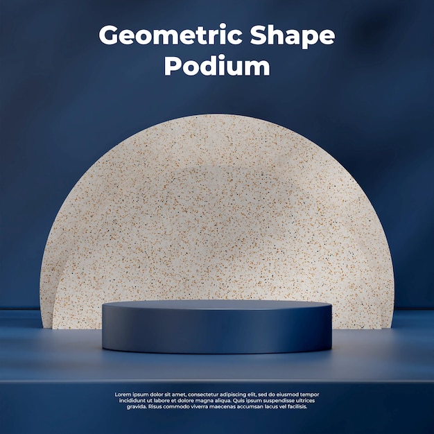 Mockup template 3d render of dark blue podium in square with terrazzo texture circle backdrop