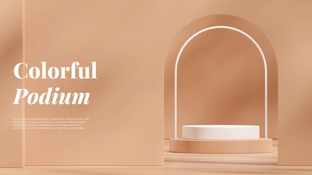 Mockup template 3d render of white and brown podium with arch elements in landscape layout