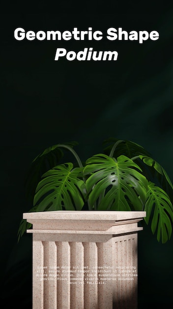 mockup template terrazzo textured pillar podium in portrait green monstera plant 3d rendering