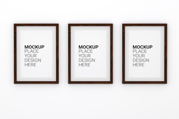 Mockup Three empty photo frame for mockup in empty white room Template PSD