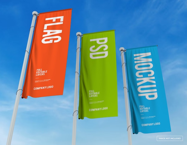 Mockup of three vertical flags design from perespective view