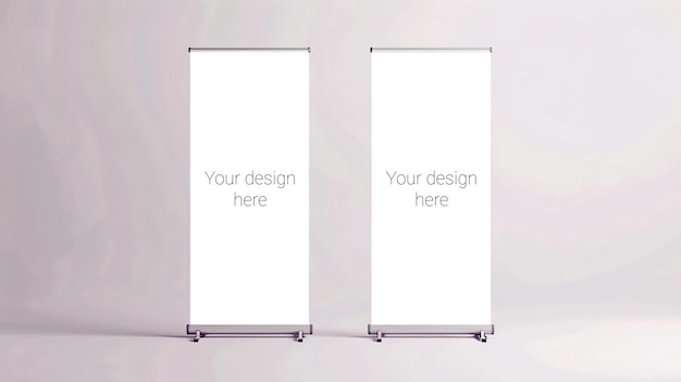 PSD mockup of two advertising roll banners in white room