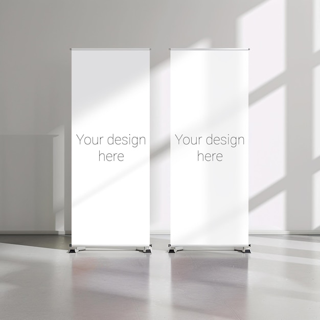 PSD mockup of two advertising roll banners in white room