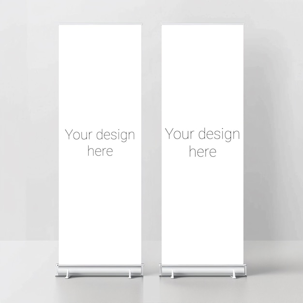 PSD mockup of two advertising roll banners in white room