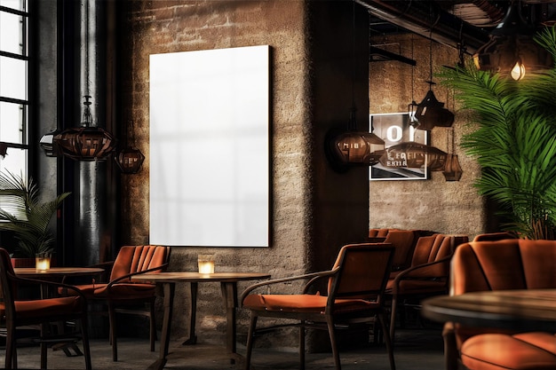 Mockup of vertical empty poster in Loft bar interior