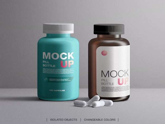 Mockup of vitamins pill plastic bottle packaging container with capsules isolated