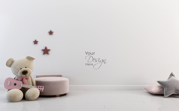 Mockup wall in the childrens room with teddy bear on white wall background