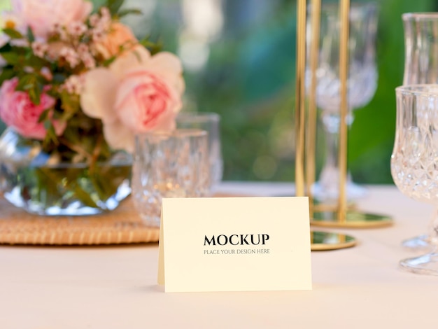 PSD mockup white blank space card for name place on wedding table setting