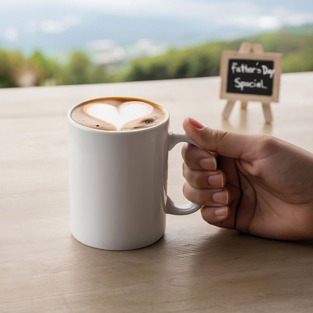 Mockup of a white ceramic coffee mug in a mans hand