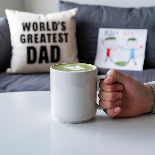 Mockup of a white ceramic coffee mug in a mans hand