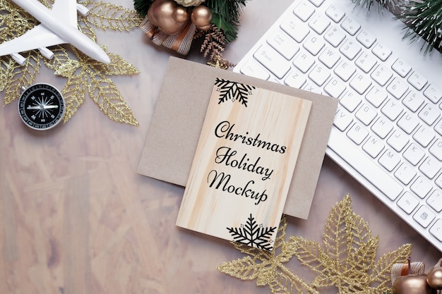 Mockup wood board for Christmas New Year holiday travel background concept