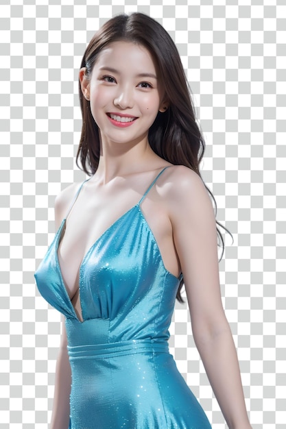 a model in a blue dress with a blue ribbon around the neck