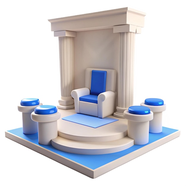 a model of a blue and white castle with blue tiles and a chair