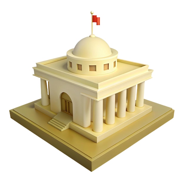 a model of a building with a red flag on top