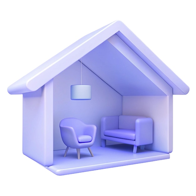 PSD a model of a dollhouse with a purple chair and a white sign that says quot the room quot