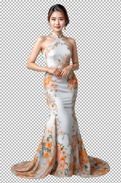 PSD a model in a floral dress with orange flowers