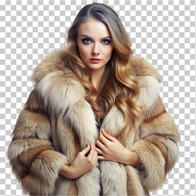 PSD model girl in luxury fur coat on transparent background