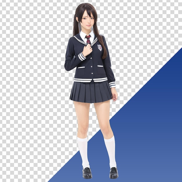 PSD a model of a girl in a school uniform is standing in front of a blue background