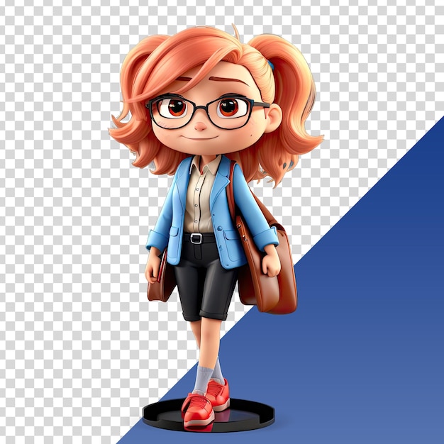 a model of a girl with glasses and a blue jacket