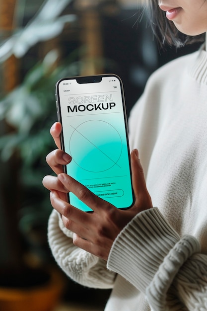 Model holding smartphone mockup