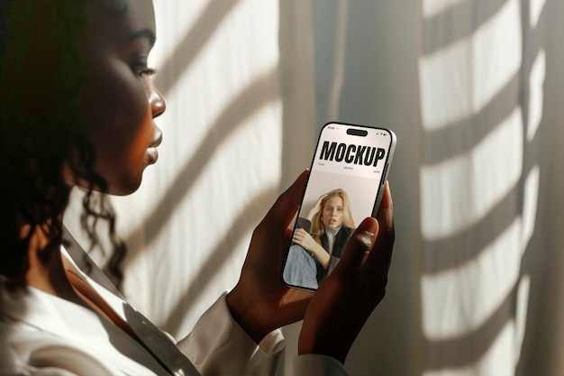 Model holding smartphone mockup