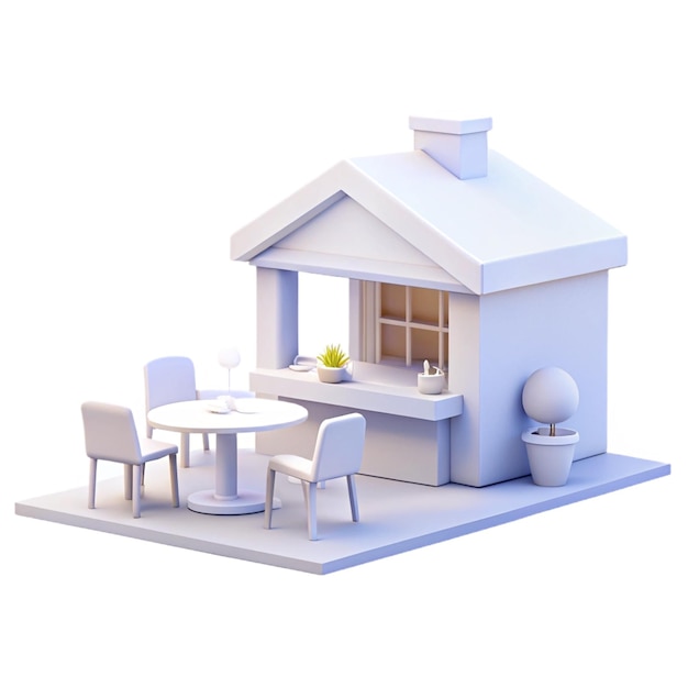 PSD a model of a house with a table and chairs and a table with a plate of food on it