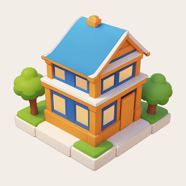 PSD a model of a isometric house with trees and grass icon cartoon illustration